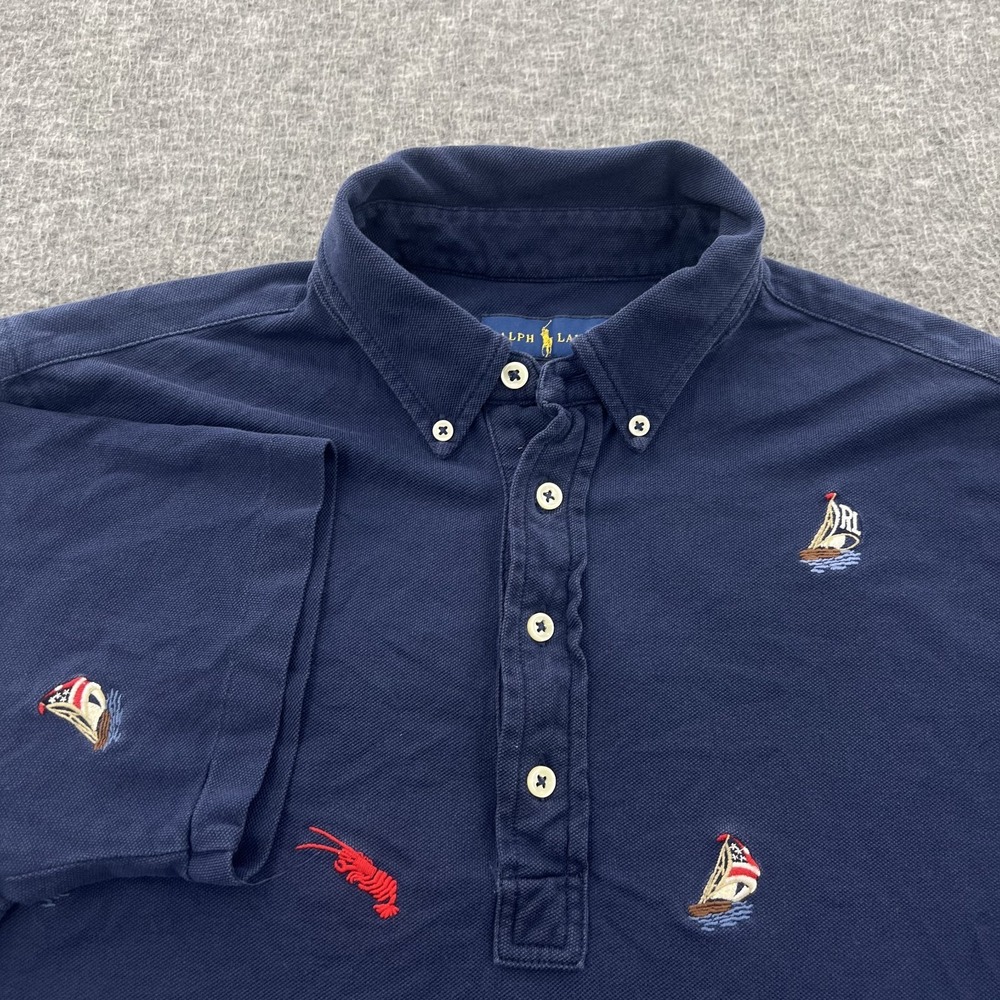 Polo Ralph Lauren Polo Shirt Mens M Lobster Sailboat Embroidered Navy Blue EUC